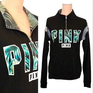 PINK VS Y2K Black Green Tropical Logo Quarter Zip Pullover Sweatshirt Small